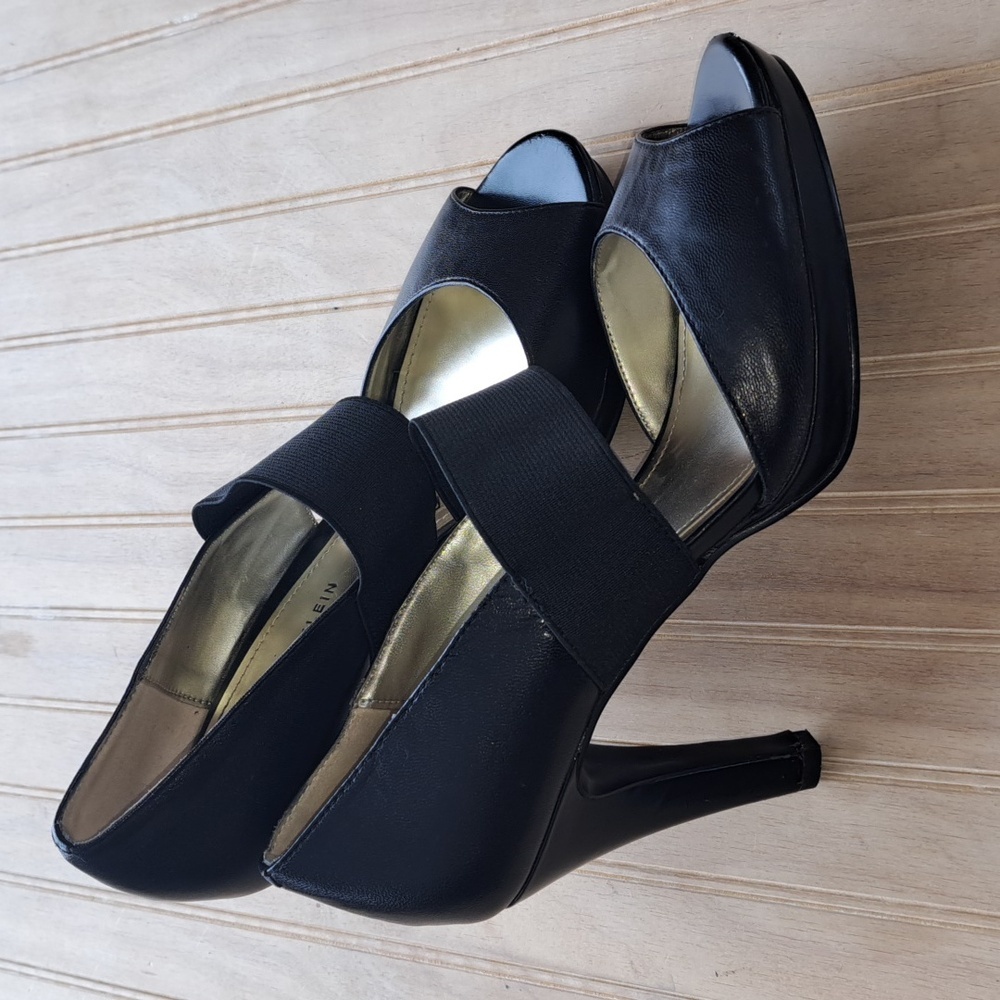 Anne Klein Akextany Leather Open Toe  Elastic Strap Heel Pumps Round Almond Toe